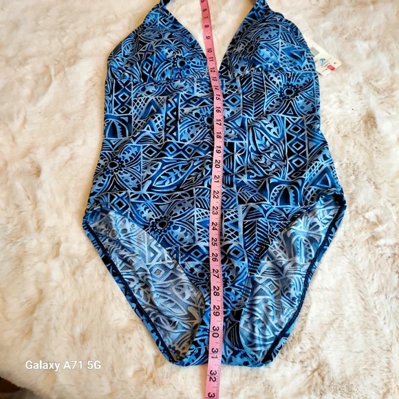 NWT Speedo Halter Tank Bathing Suit Blue Black Print Sz 16 - Picture 11 of 14